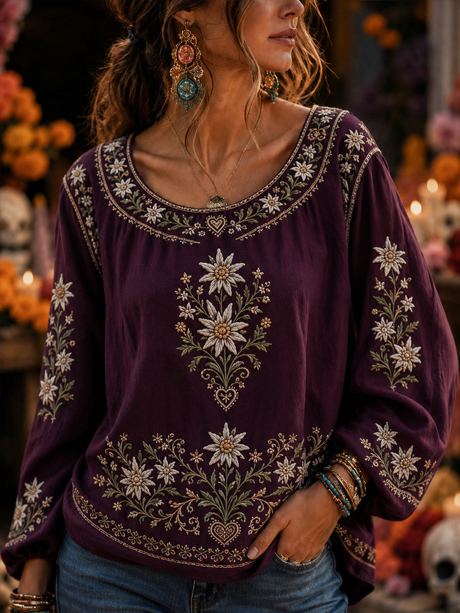 Frauen-Österreichischer Landhausstil-Kunstdruck Lässiges Langarm-Top