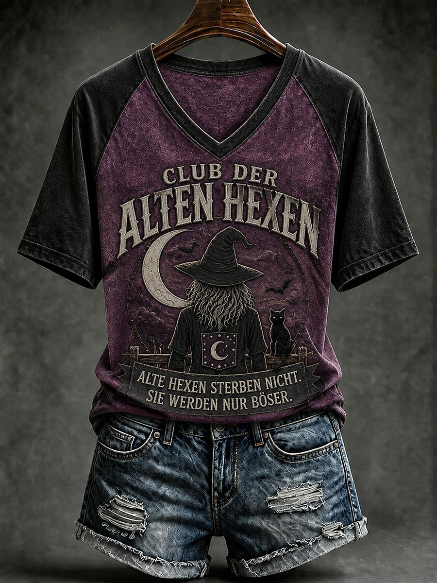 Frauen-T-Shirt mit witzigem Halloween-Print und V-Ausschnitt