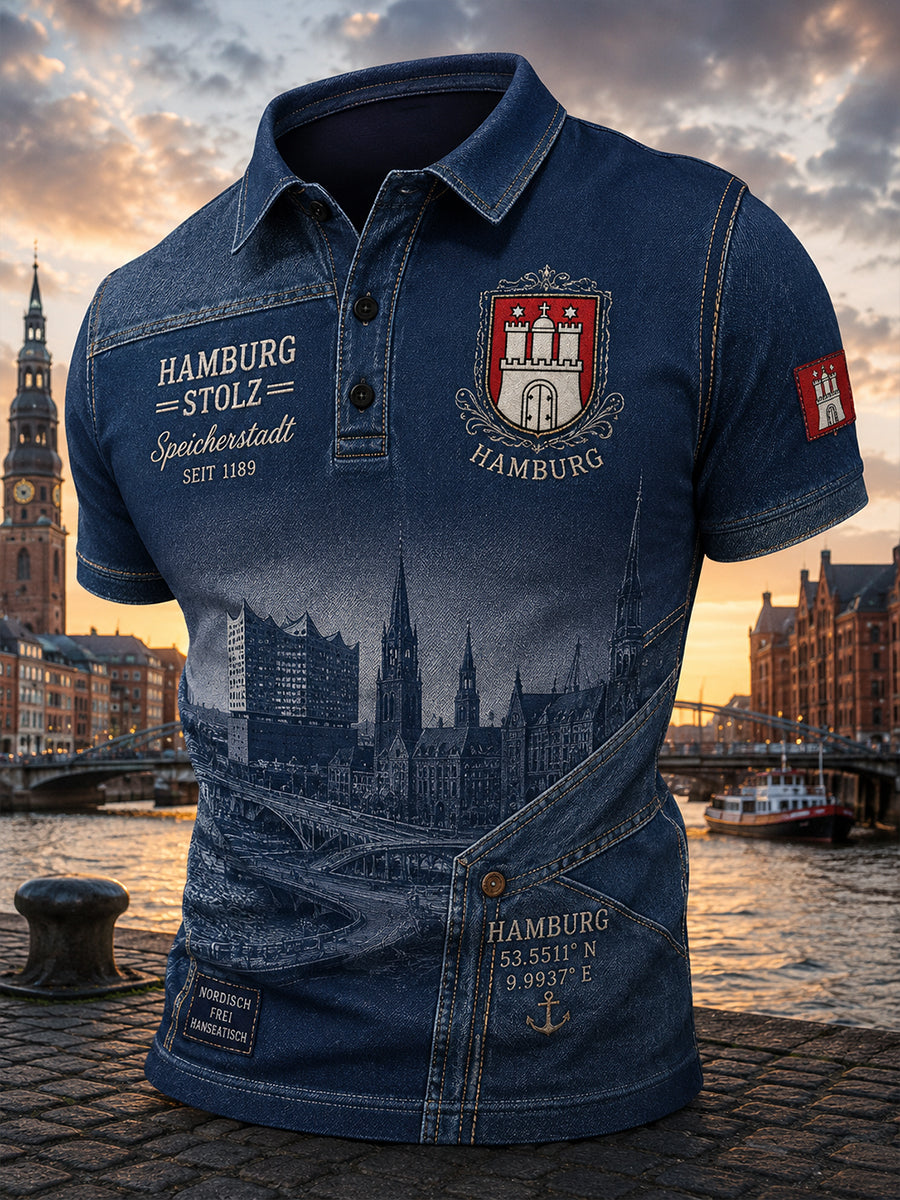Herren-Poloshirt mit kurzen Ärmeln und urbanem, erinnerungsträchtigem Grafikdruck