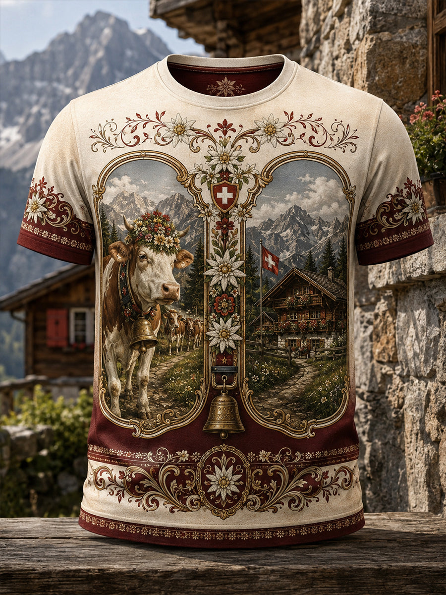 Kultursymbole des Schweizerischen Hirtenfestes für Herren – Künstlerischer Aufdruck auf lässigem T-Shirt