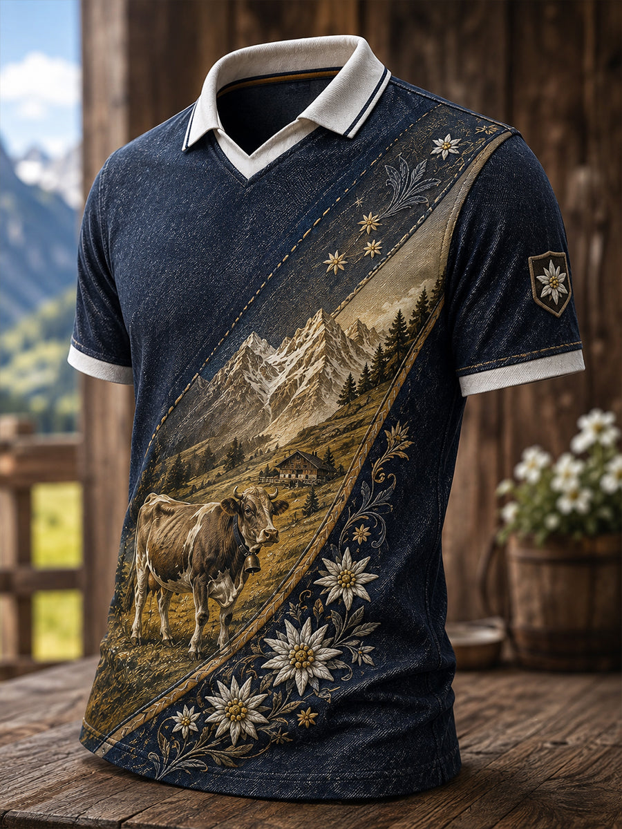 Kultursymbole des Schweizerischen Hirtenfestes für Herren – Künstlerischer Aufdruck auf lässigem T-Shirt