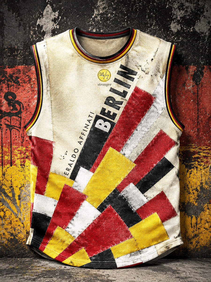 Herrenweste in Deutschland-Bauhaus-Stil mit geometrischem Patchwork-Print, lässig geschnitten
