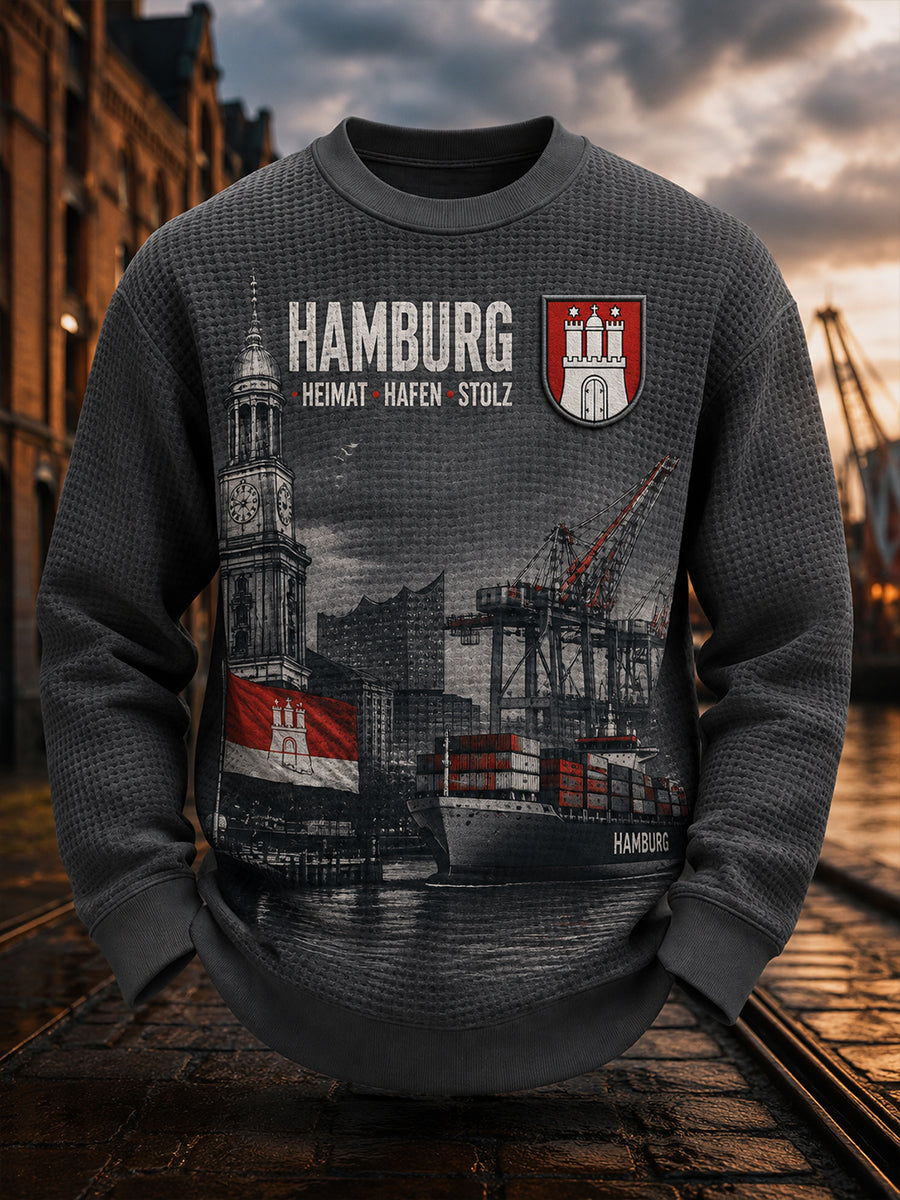 Herren-Grafik-T-Shirt im Stadtdesign aus Waffelstrick mit langen Ärmeln