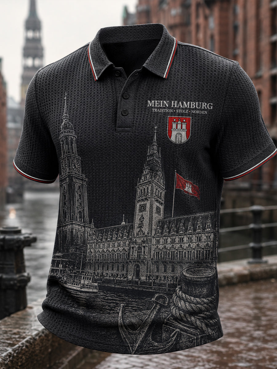 Herren-Poloshirt mit städtischem Grafik-Design, kurzärmelig und aus Waffelstrick