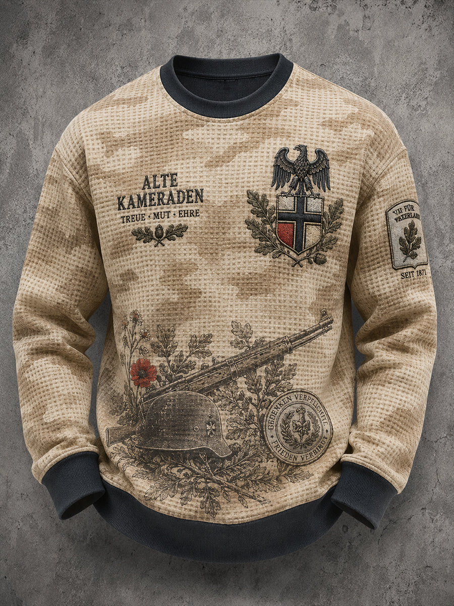Herren-Waffelstrick-T-Shirt mit langen Ärmeln und Vintage-Print im Militärstil