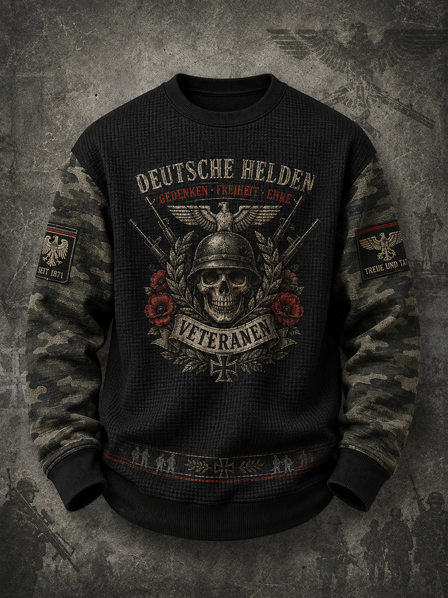 Herren-Waffelstrick-T-Shirt mit langen Ärmeln und Vintage-Print im Militärstil