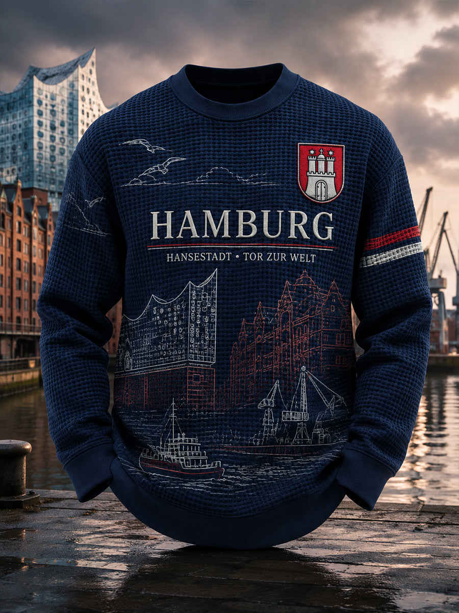 Herren-Grafik-T-Shirt im Stadtdesign aus Waffelstrick mit langen Ärmeln