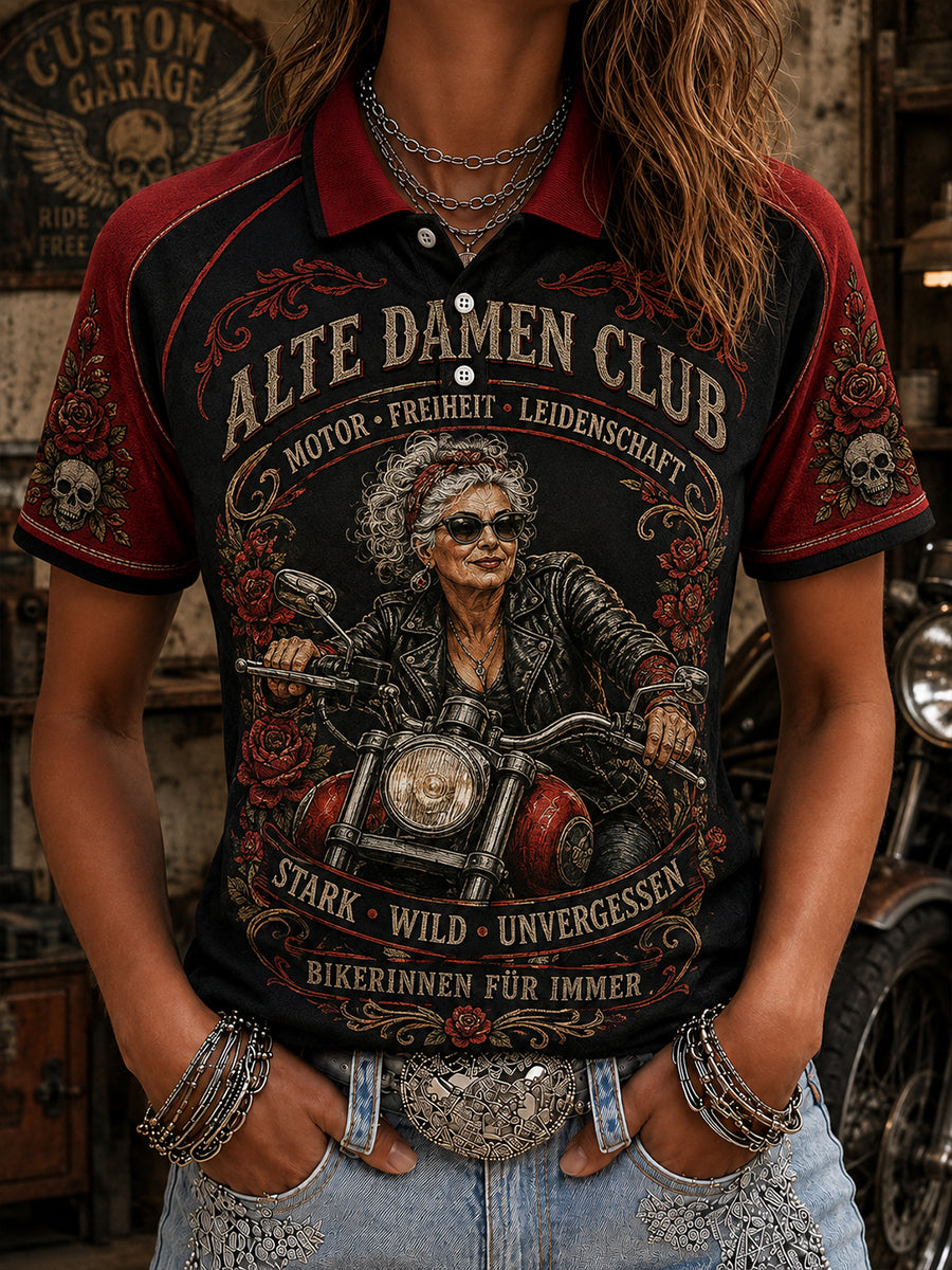Damen-Poloshirt mit Raglanärmeln und grafischem „Old Ladies‘ Club“-Print, kurze Ärmel