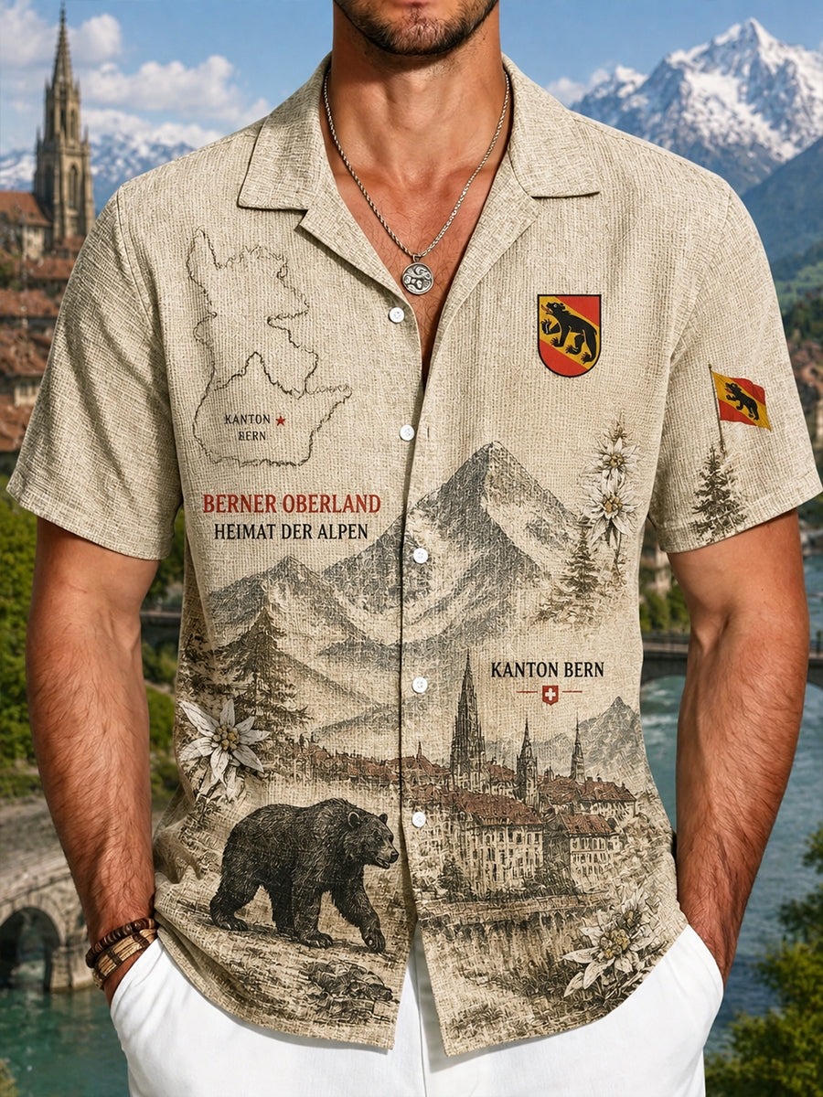 Herren-Shirt aus Waffelstrick mit kurzen Ärmeln und Aufdruck im Urban-Souvenir-Stil