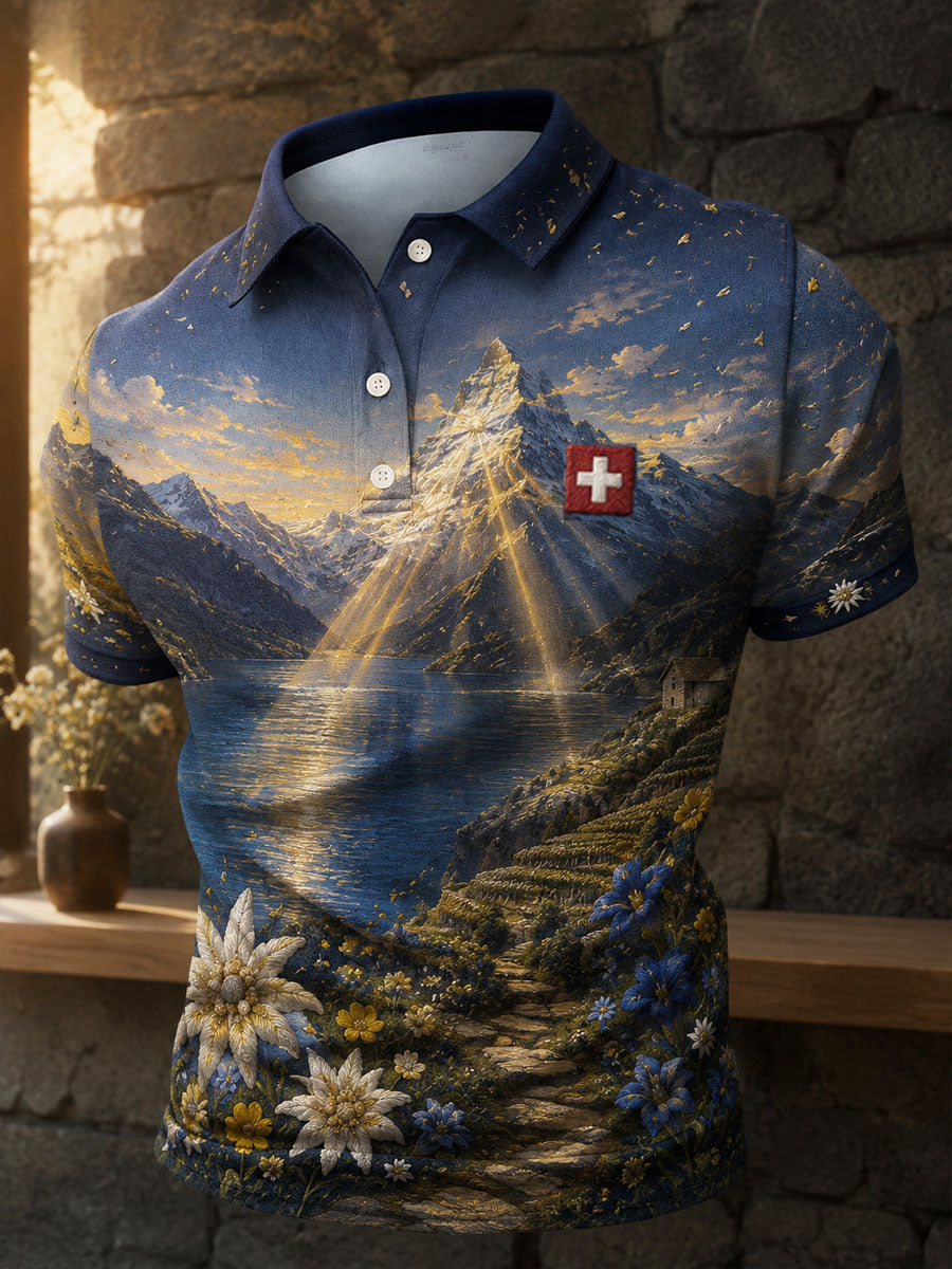 Herren-Schweizer Edelweiß-Alpen-Kunstdruck-Lässig-Oberteil