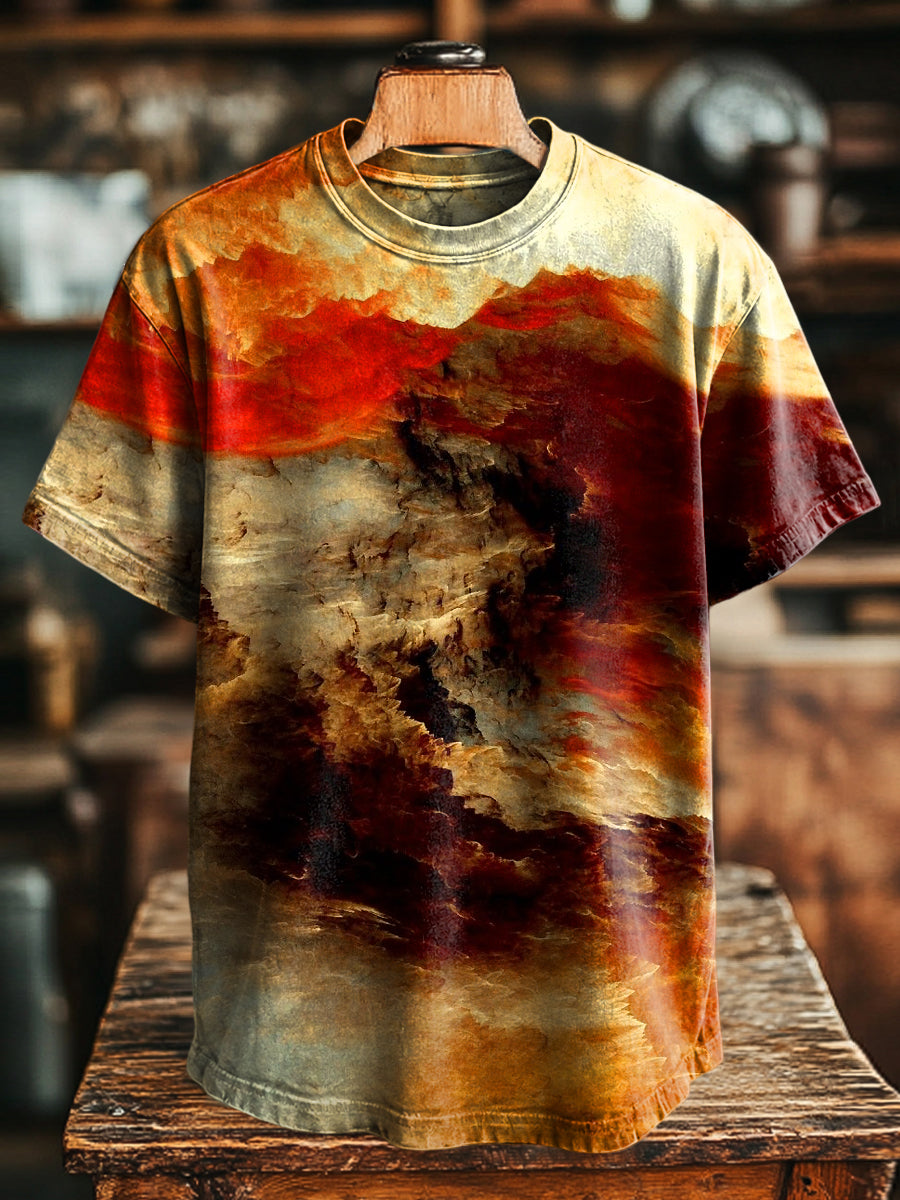Unisex-Lässiges T-Shirt mit abstrakter Kunst und Berg-Textur