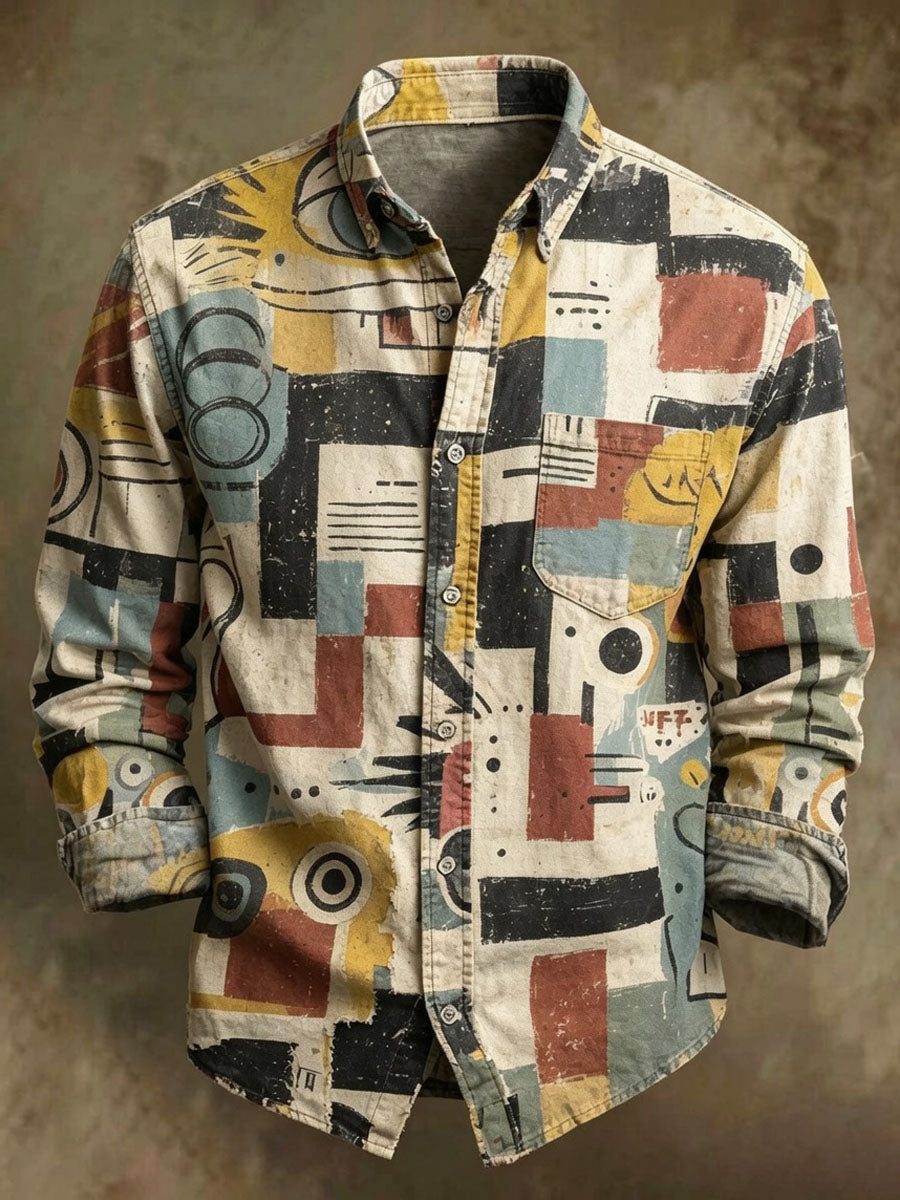 Herren-Langarmhemd mit abstraktem geometrischem Druck im Casual-Stil