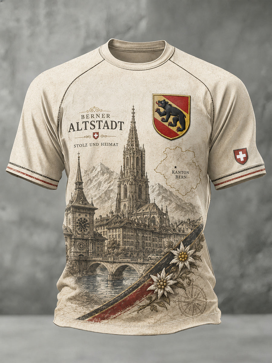 Kurzarm-Raglan-T-Shirt für Männer mit städtischem Gedenk-Grafik druck