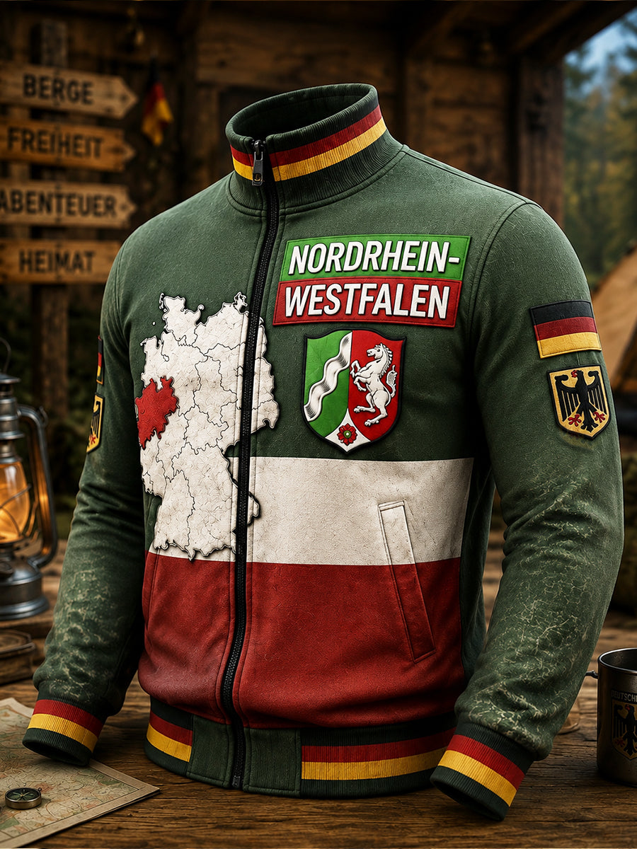 Herren Vintage Deutsche Nord rhein Emblem Patchwork Print Freizeit jacke mit Reiß verschluss
