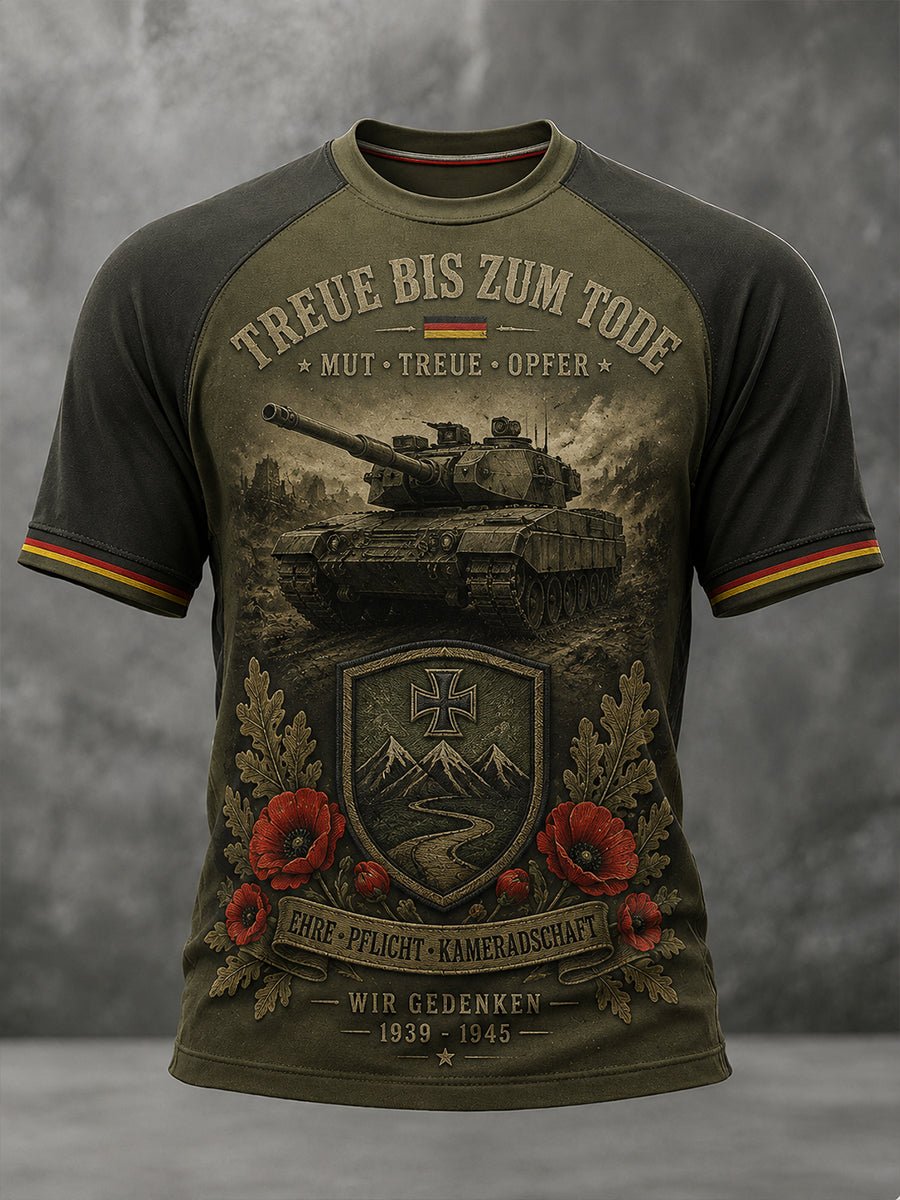 Herren-Vintage-Raglan-T-Shirt mit Veteranen-Print und kurzen Ärmeln