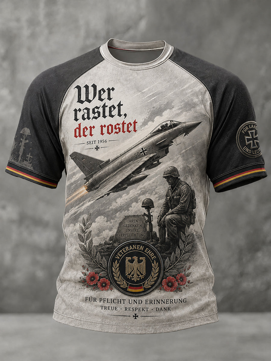 Herren-Vintage-Raglan-T-Shirt mit Veteranen-Print und kurzen Ärmeln