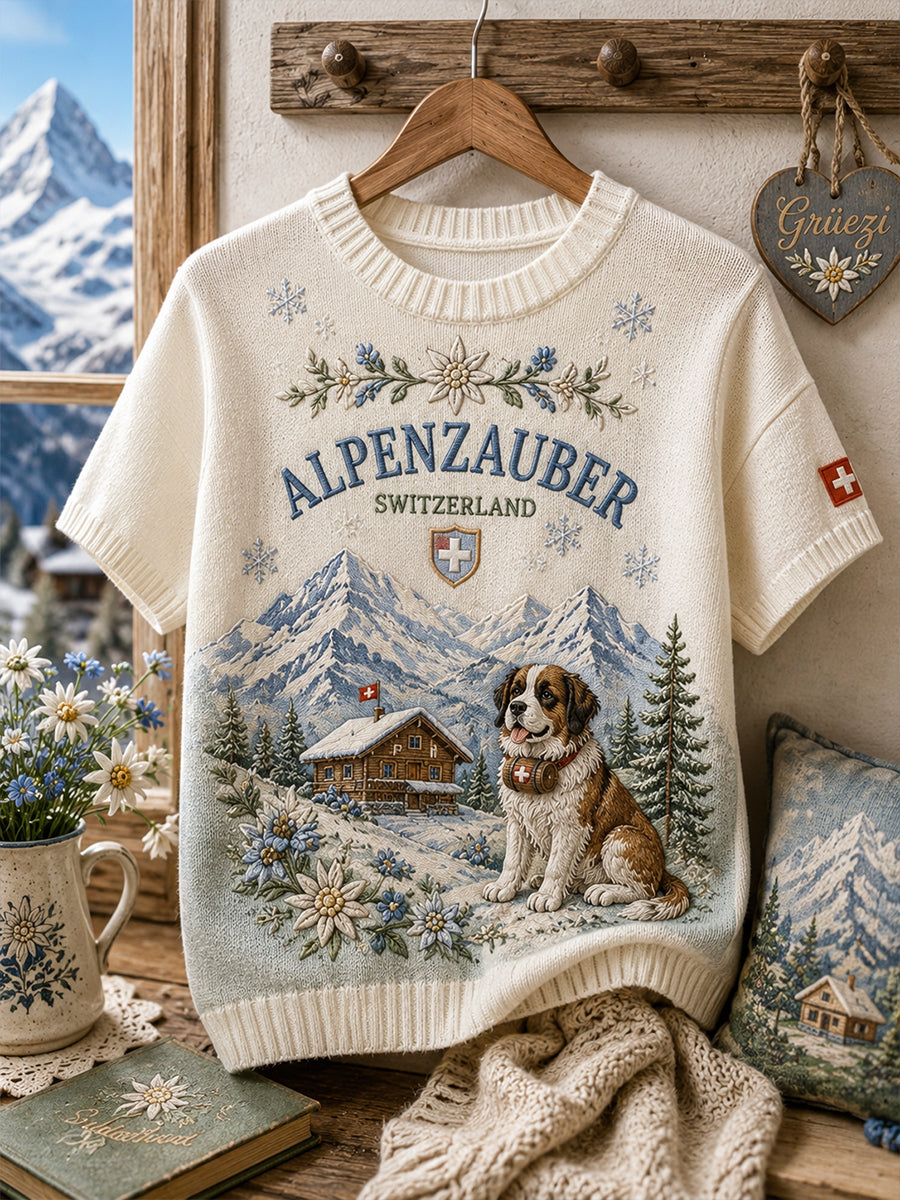 Kurzärmeliges Strick-T-Shirt für Damen mit Blumenmuster