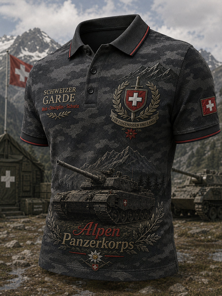 Herren-Poloshirt mit kurzen Ärmeln und vintage Militär-Print