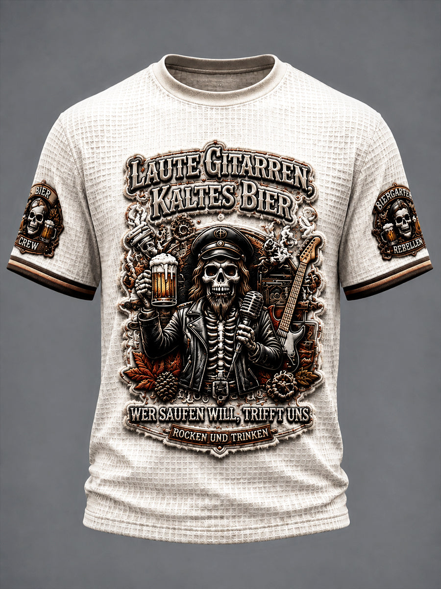 Herren-Off-White-T-Shirt aus deutschem Bier-Rock-Slogan mit lässiger Waffel