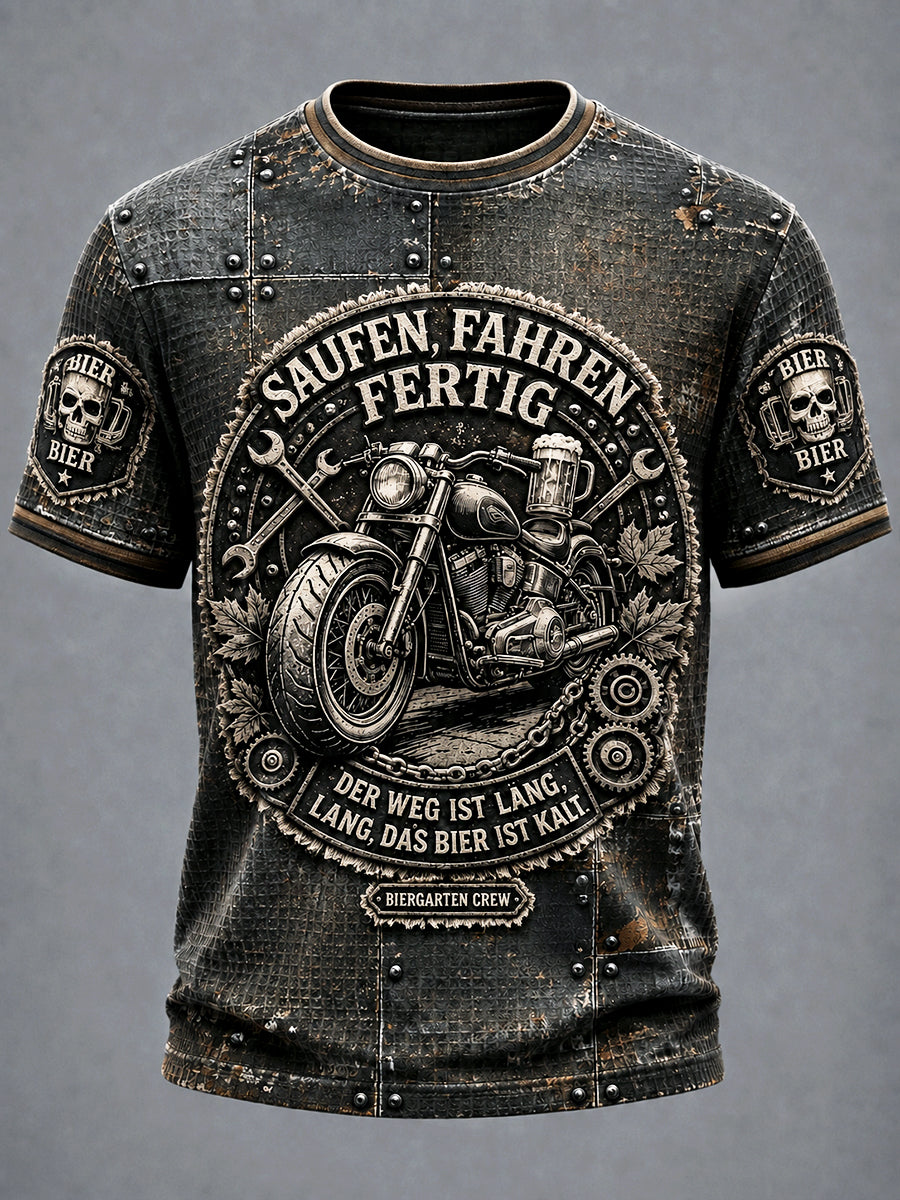 Herren-Motorrad-Slogan-Druck-Waffel-T-Shirt mit deutschem Bier