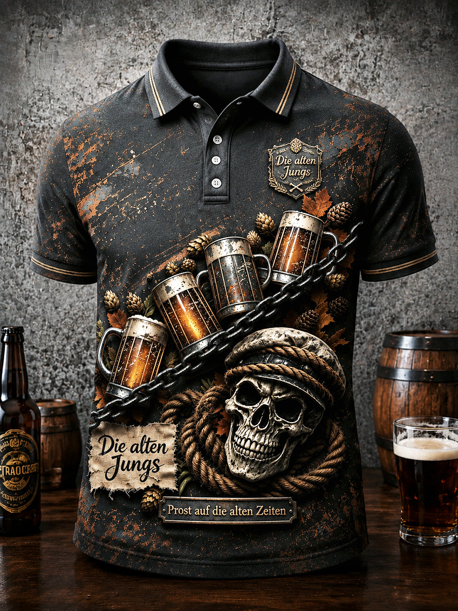 Herren-Poloshirt in Schwarz mit deutschem Bier- und Fußball-Slogan-Print