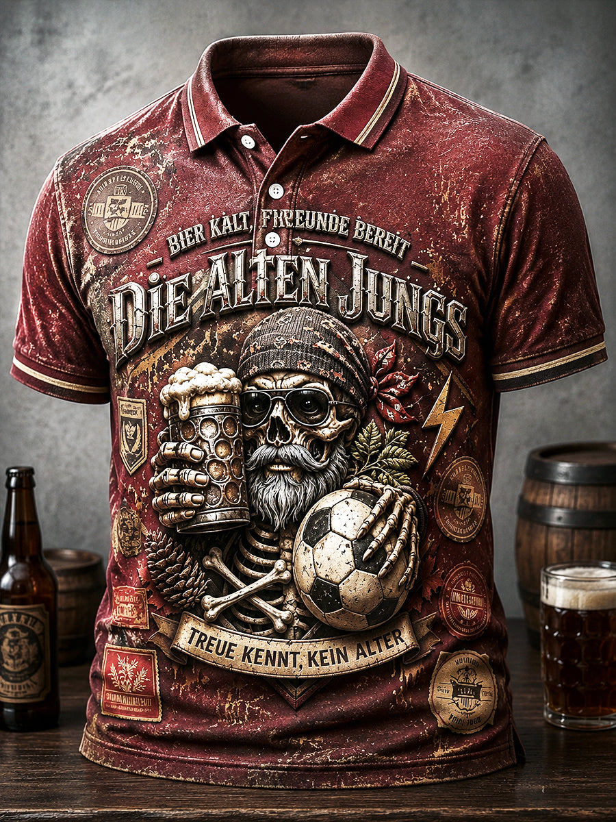 Herren-Vintage-Poloshirt mit deutschem Bier- und Fußball-Slogan, lässig bedruckt