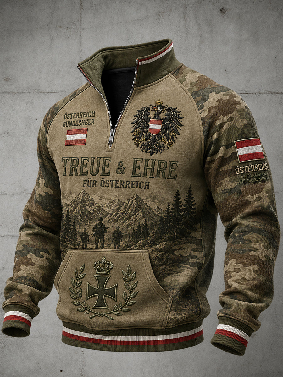 Herren-Top im Vintage-Militärstil mit Camouflage-Print, langen Raglanärmeln und Reißverschluss