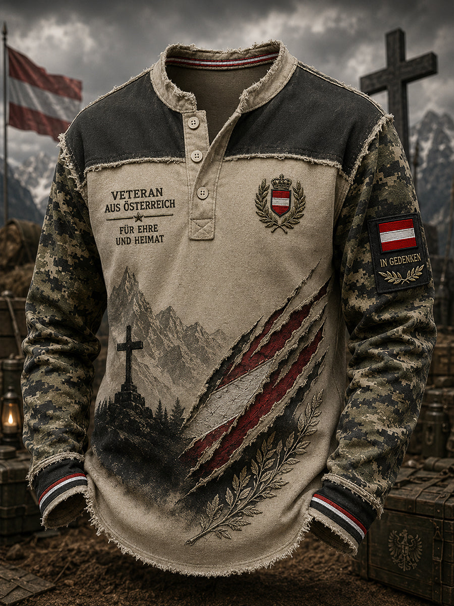 Herren-T-Shirt mit langen Ärmeln, Vintage-Camouflage und Gedenkdruck für Veteranen