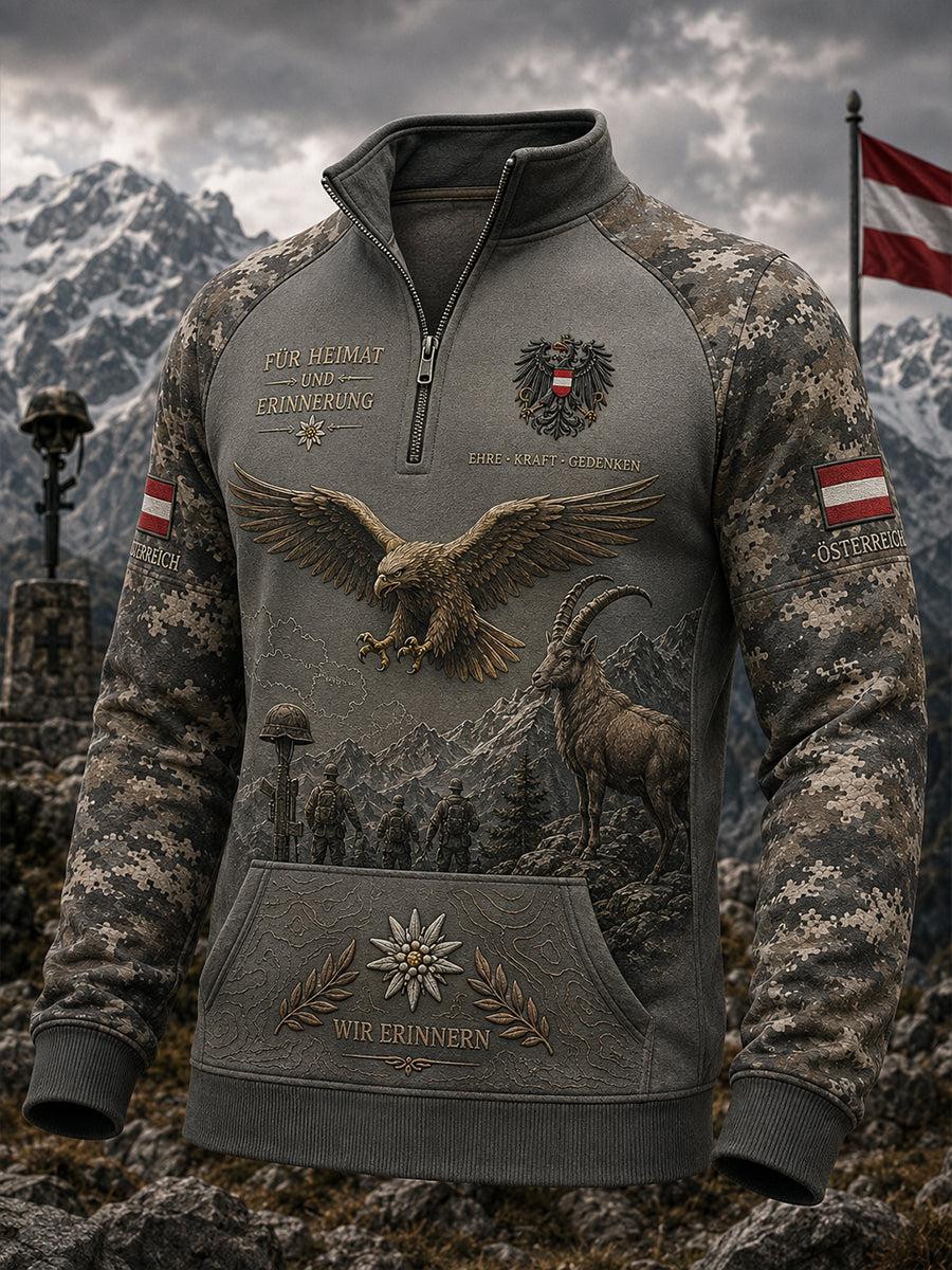 Herren-Longsleeve mit durchgehendem Reißverschluss, Vintage-Camouflage- und Militär-Prints
