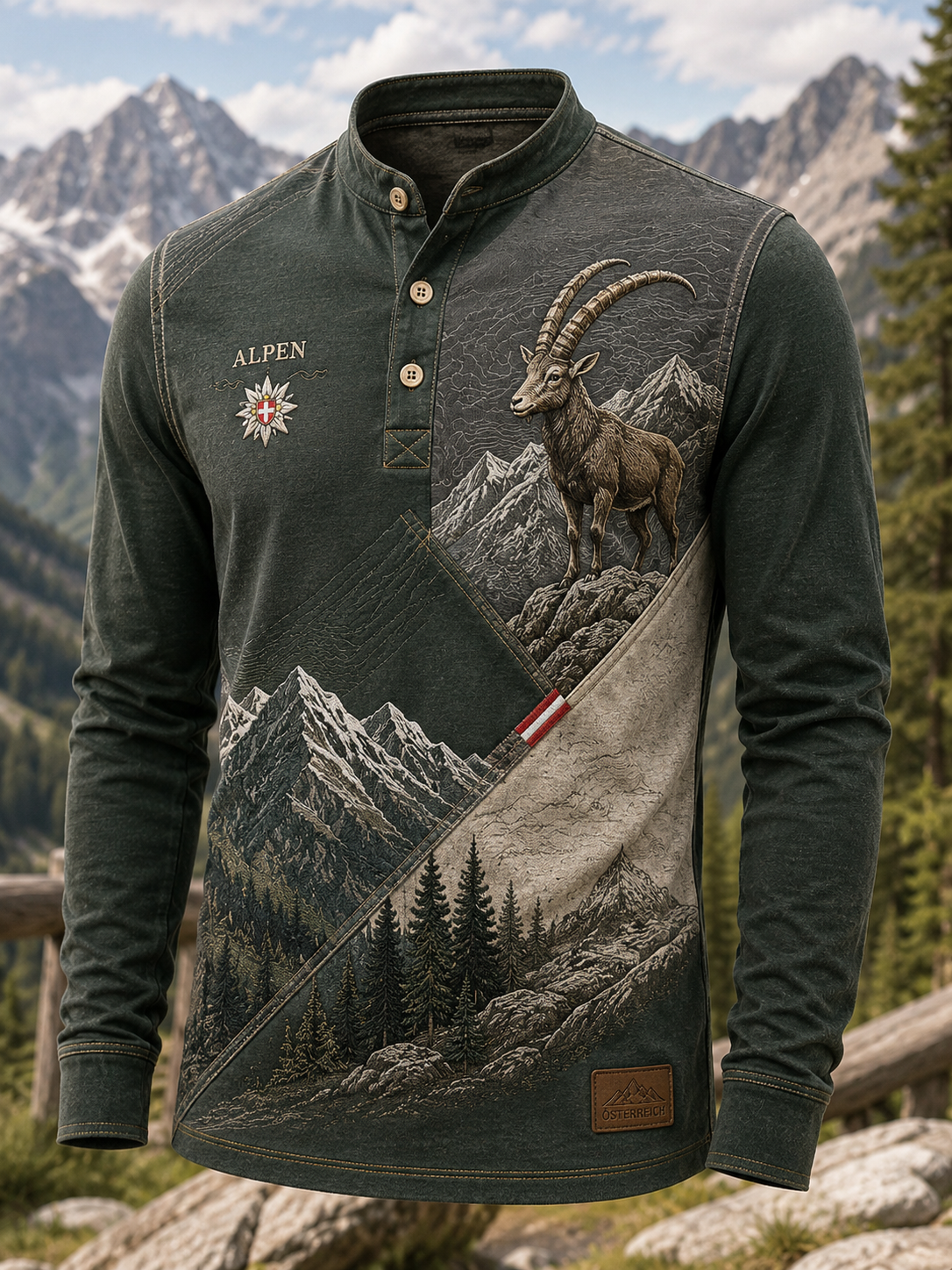 Herren-Casual-T-Shirt im österreichischen Landhausstil mit Knöpfen