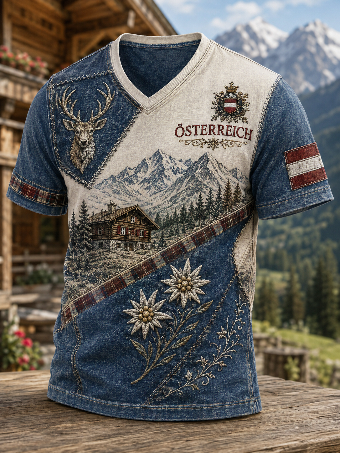 Herren-T-Shirt mit V-Ausschnitt im österreichischen Landhausstil