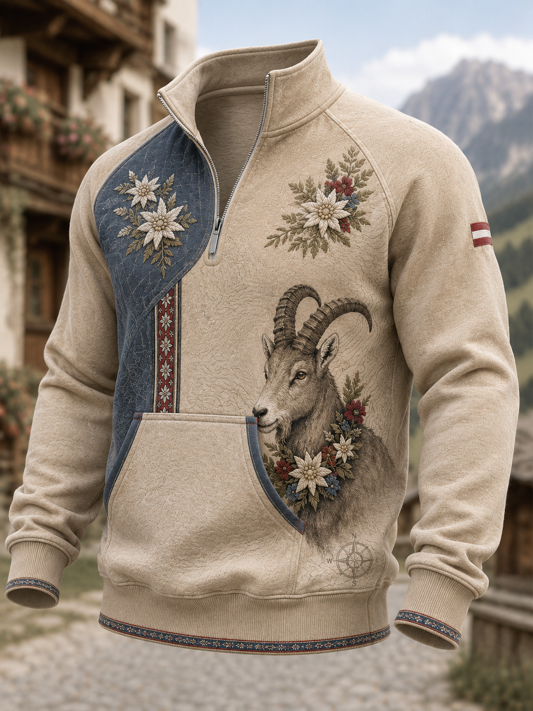 Herren Österreich ische ländliche Kultur Half-Zip-Stand kragen Sweatshirt