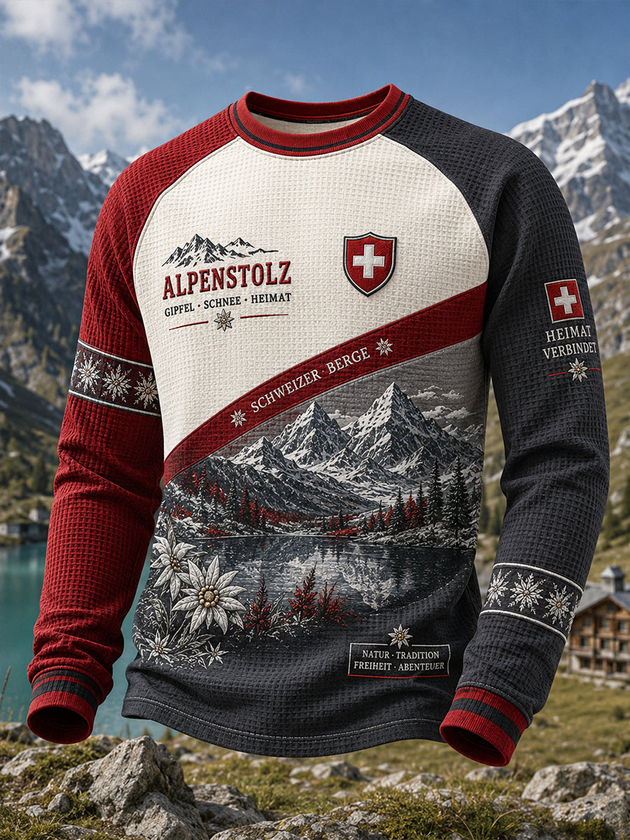 Herren-Top im Vintage-Stil mit Waffelstruktur, Raglanärmeln und grafischem Schneeberg-Print