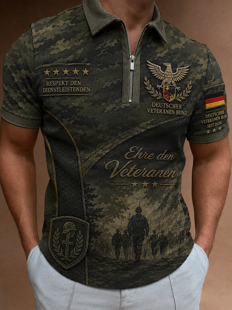 Kurzarm-Polos hirt mit Reiß verschluss vorne für Herren mit Vintage-Tarnung und Militär-Prints
