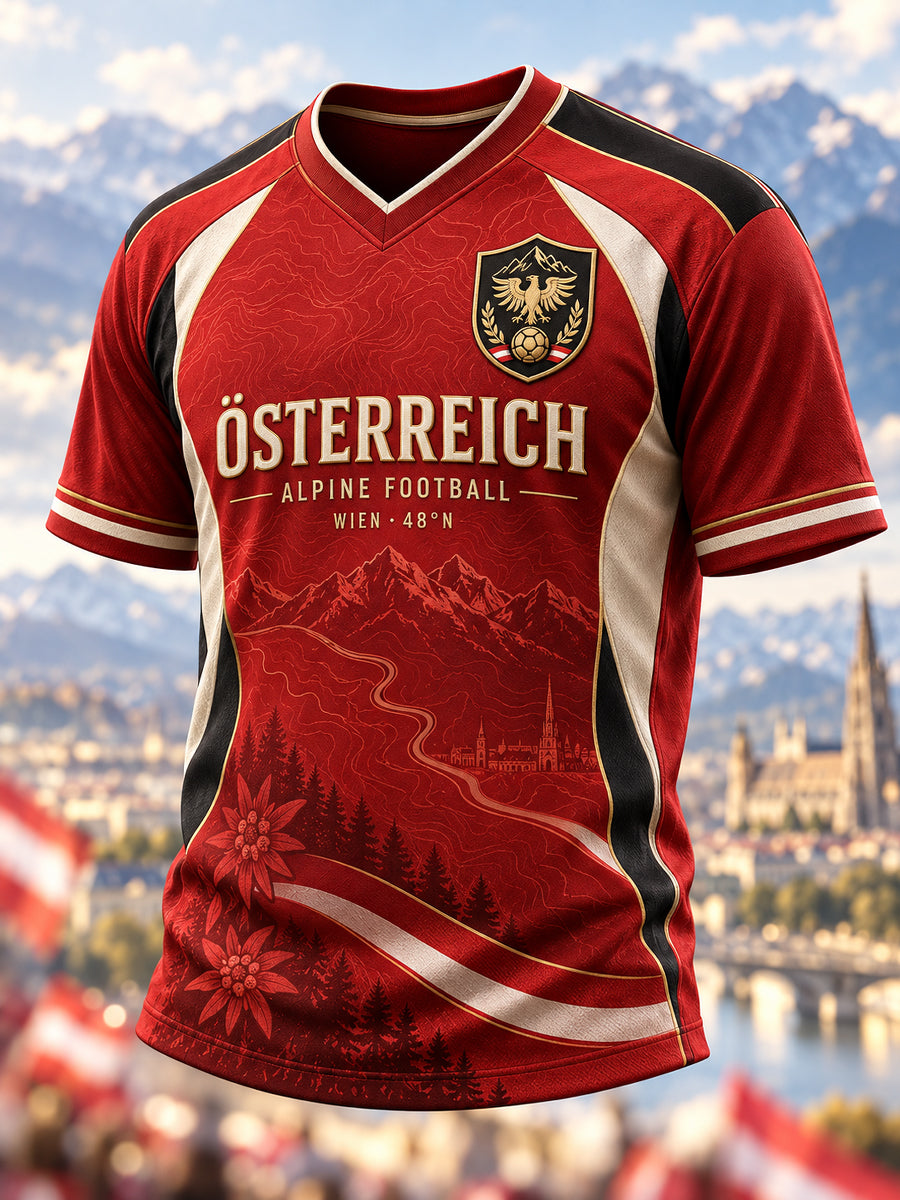 Herren-T-Shirt im österreichischen Fußballstil mit V-Ausschnitt
