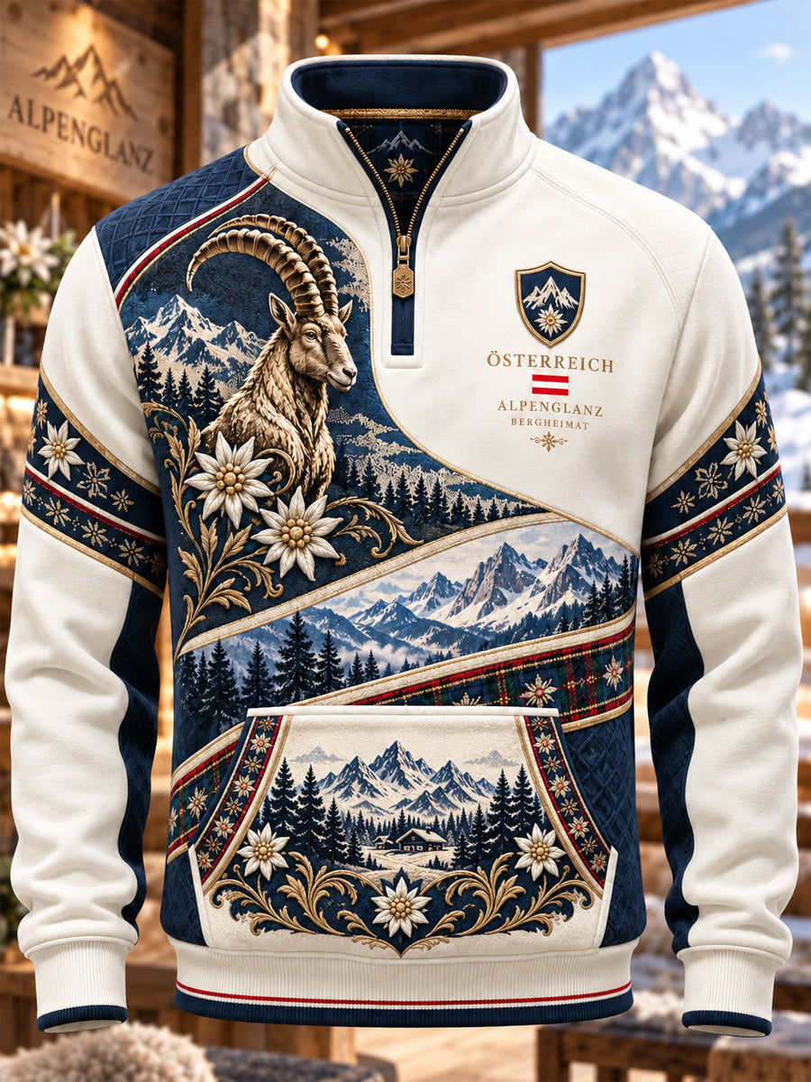 Herren-Sweatshirt mit Halbreißverschluss und Stehkragen aus den österreichischen Alpen
