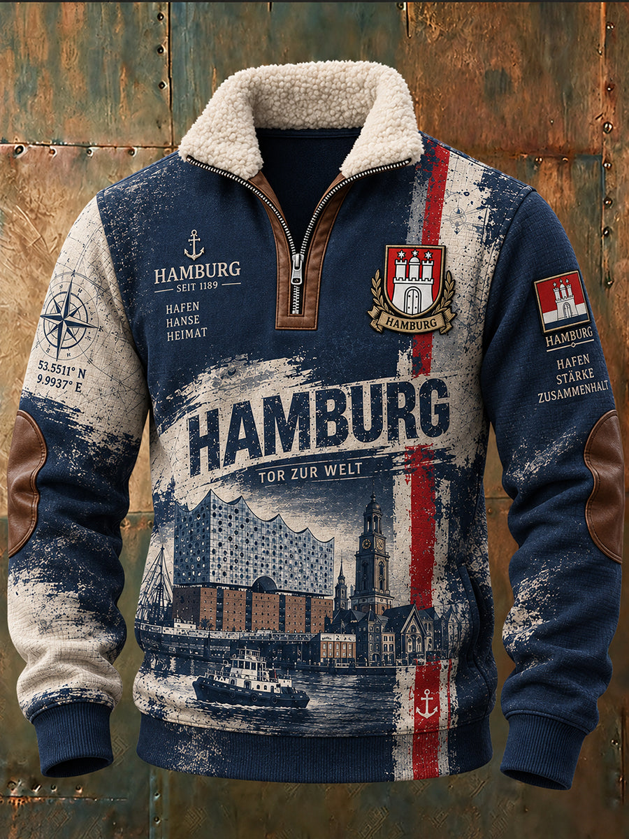 Herren-Sweatshirt mit Stehkragen und langen Ärmeln, verziert mit einem urbanen Gedenk-Graphic-Print