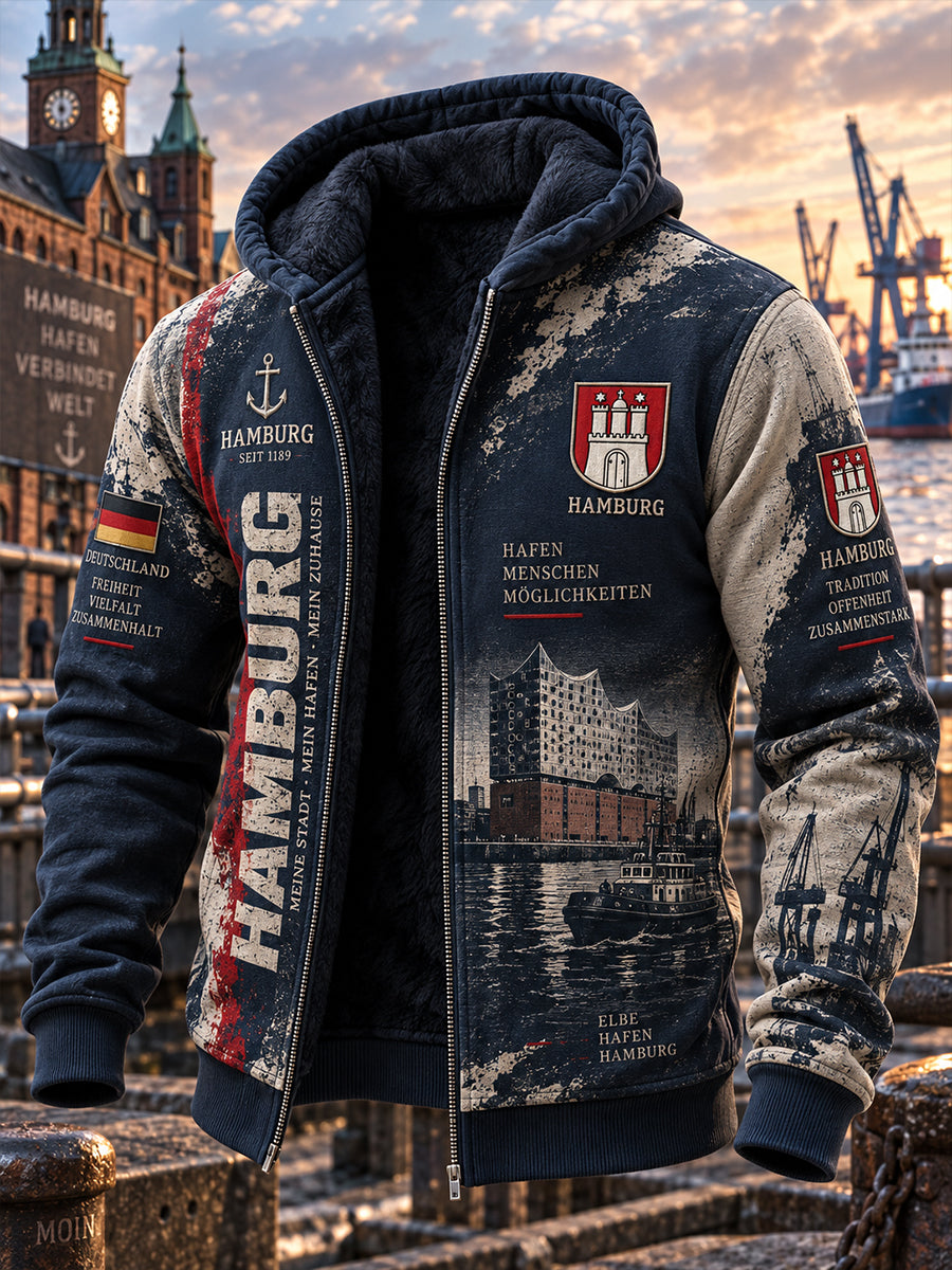 Langarm-Kapuzen jacke für Herren mit städtischem Gedenk-Grafik druck