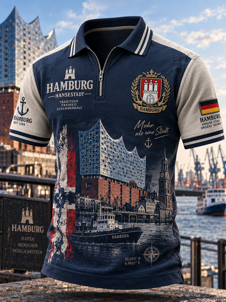 Herren-Poloshirt im Vintage-Stil mit städtischem Grafikdruck und durchgehendem Reißverschluss, kurzärmlig