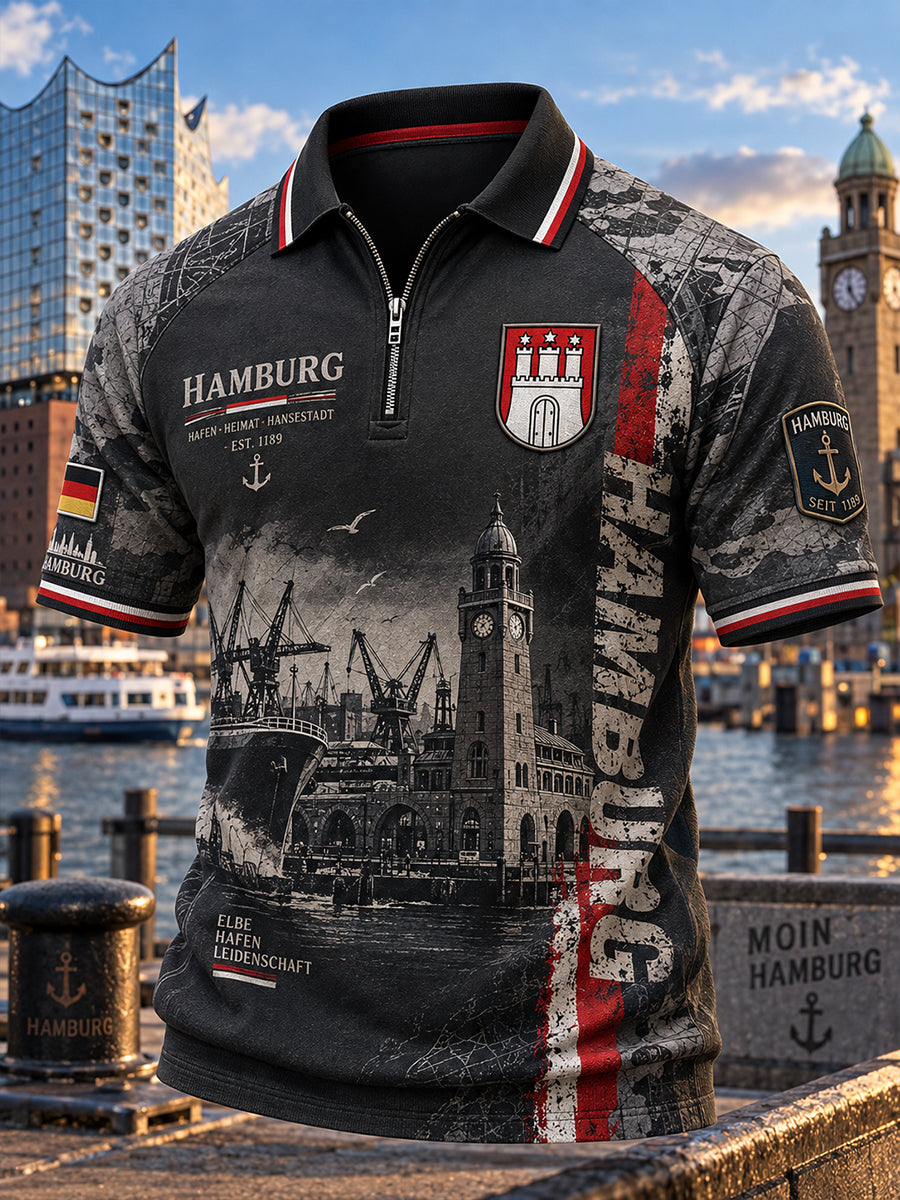 Herren-Poloshirt im Vintage-Stil mit städtischem Grafikdruck und durchgehendem Reißverschluss, kurzärmlig