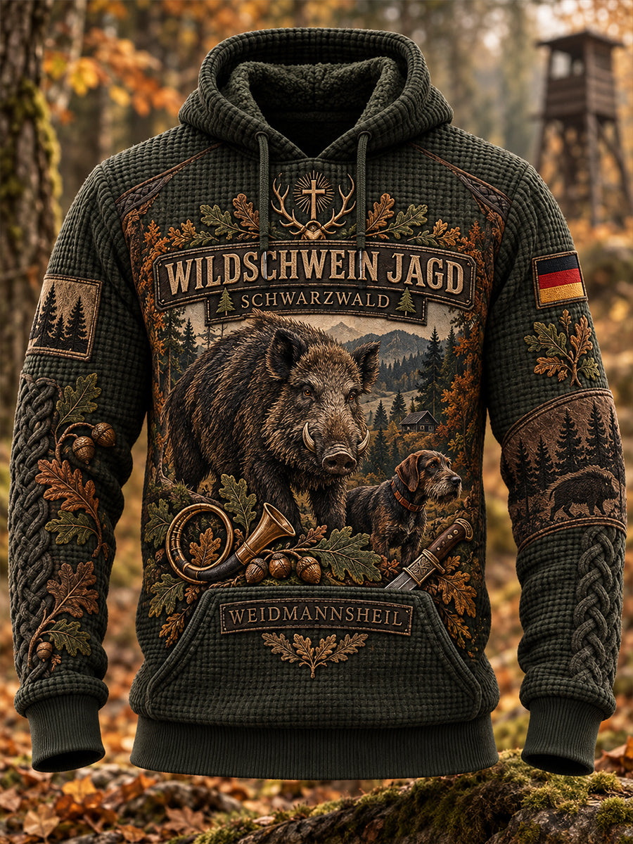 Grafischer Kapuzenpullover für Herren mit Jagdmotiv und deutschem Slogan