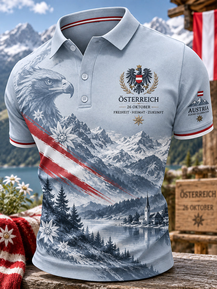 Herren-Poloshirt mit Nationaltag-Gedenkdruck und kurzen Ärmeln