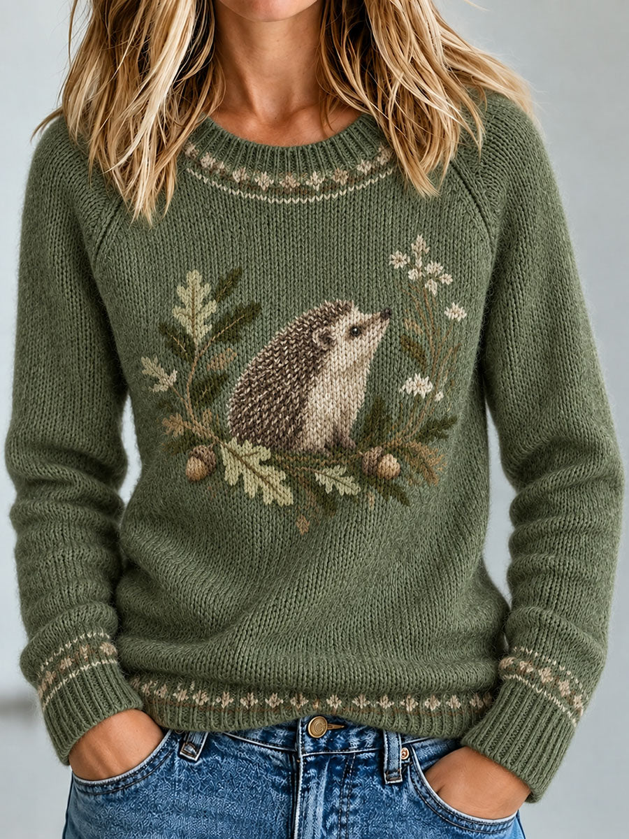 Damen-Häkel-Pullover mit Igel-Print, lässig