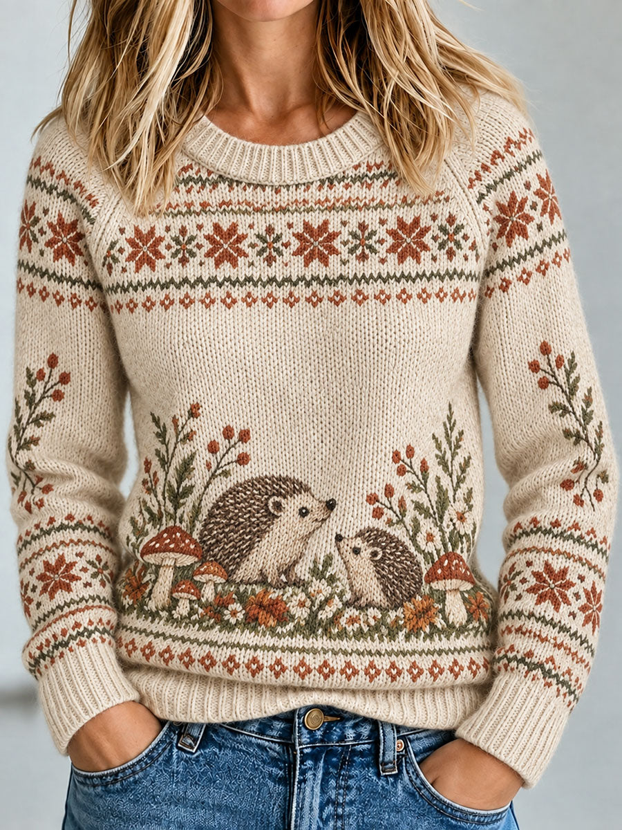 Damen-Häkel-Pullover mit Igel-Print, lässig