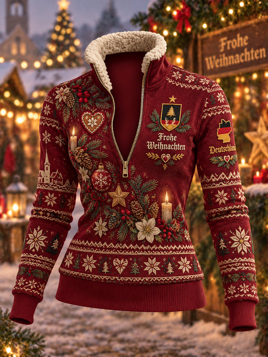 Damen-Sweatshirt mit Weihnachtsmotiv, hohem Kragen und langen Ärmeln