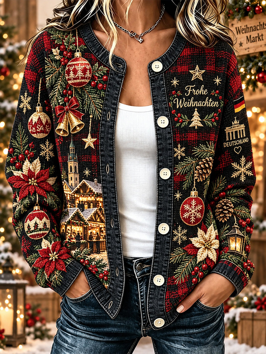 Damenjacke mit weihnachtlichem Print, waffelstrukturiert und langärmlig