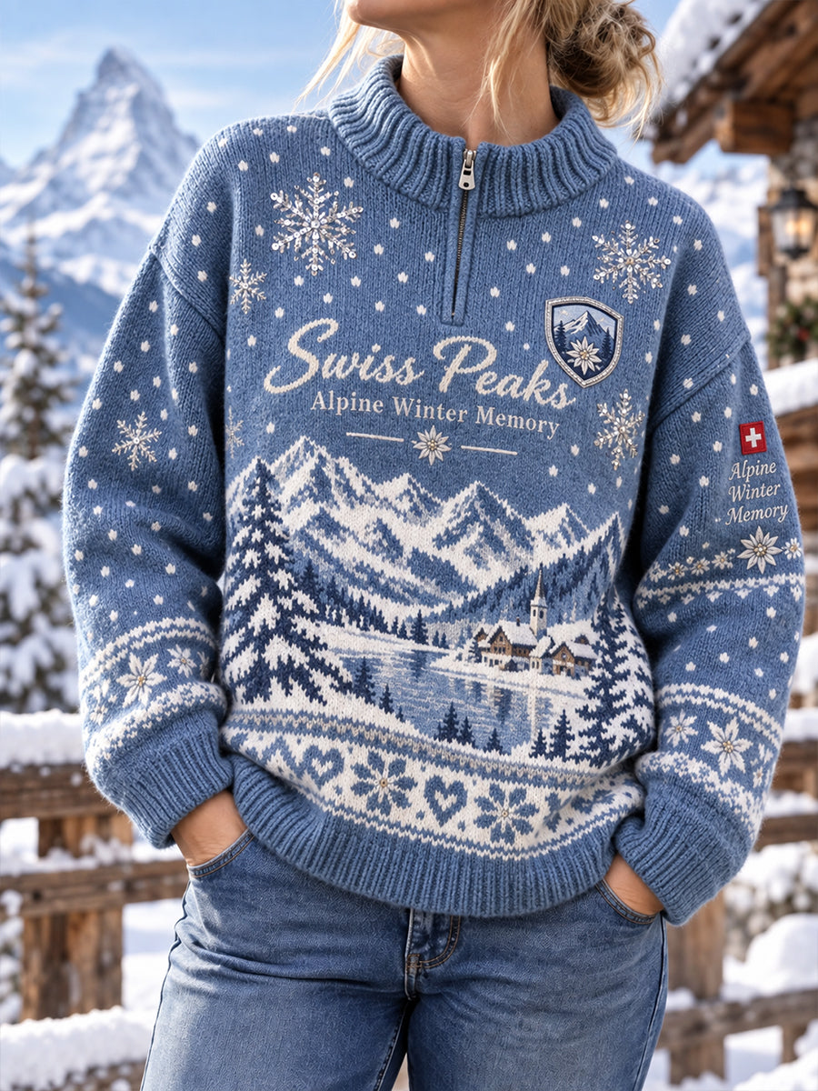 Damen-Raglanpullover aus Strick mit alpinem Grafikdruck und Rollkragen