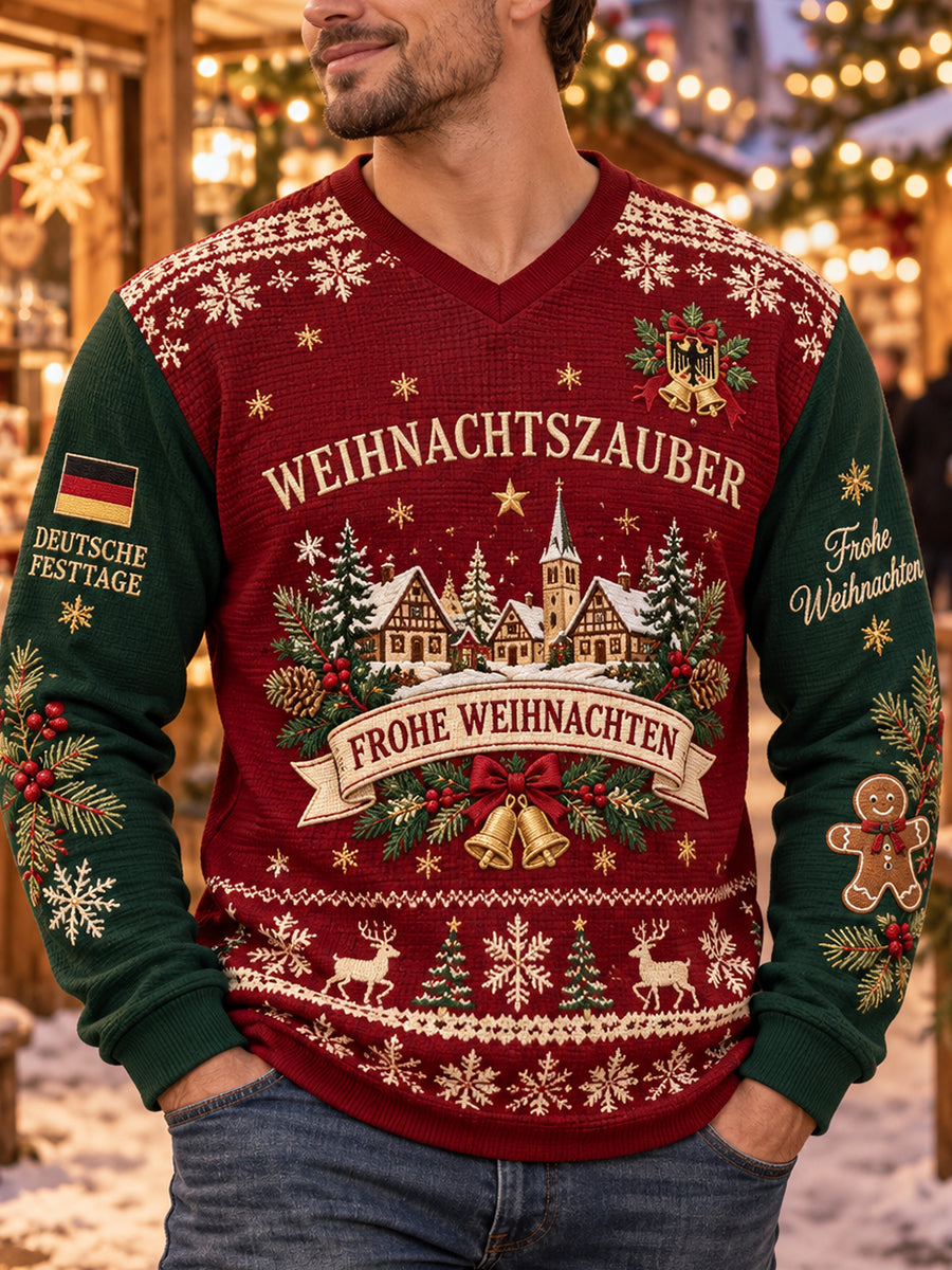 Herren-Top mit Weihnachtsmotiv, Waffelstruktur und V-Ausschnitt