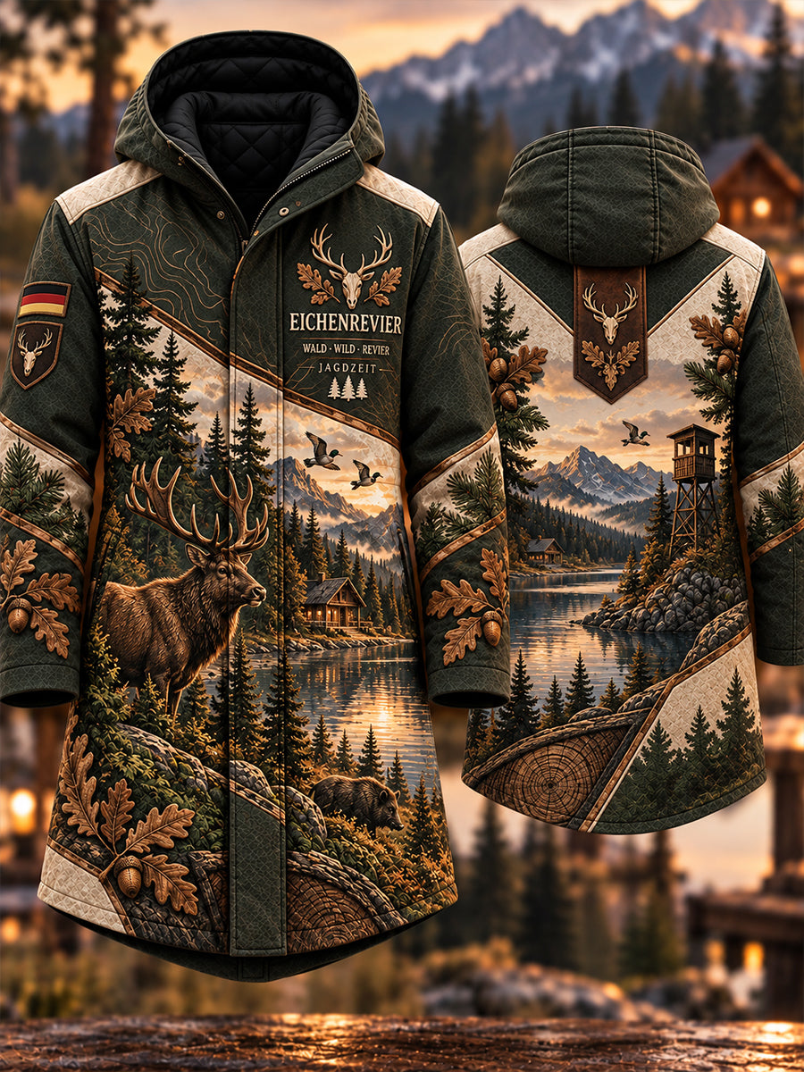 Herren-Langmantel mit Kapuze und Jagdmotiv-Print