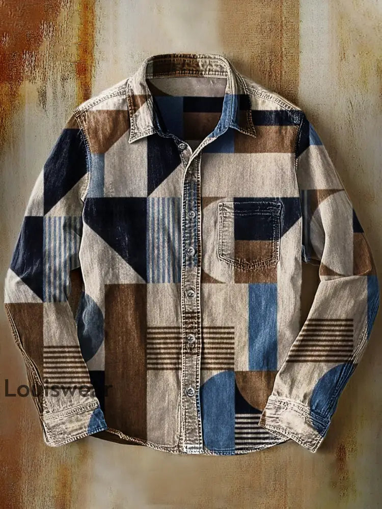 Unisex einfache Retro-Mode bunte Kunst Druck Revers Langarm Taschen hemd A / S